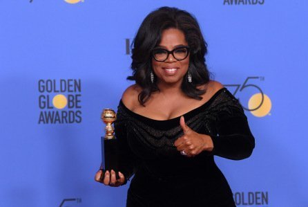 Oprah Winfrey at the 2018 Golden Globes speaking on Time's Up Movement